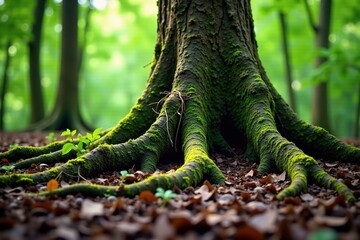 Decay tree roots spread across a forest floor, organic growth, earthy tones, moss