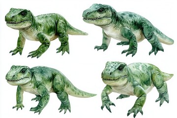 Four stylized dinosaur figures in various poses, showcasing a playful design.