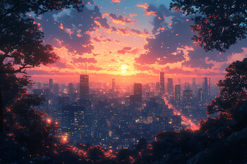 Dramatic Anime Night Sky with City Silhouette