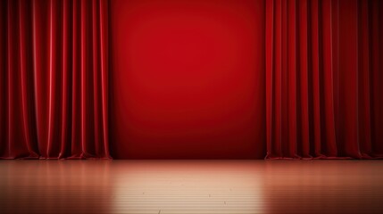 Elegant Empty Stage with Red Curtains and Polished Wooden Floor Ready for Performance and Showcasing Event with Dramatic Lighting and Atmosphere