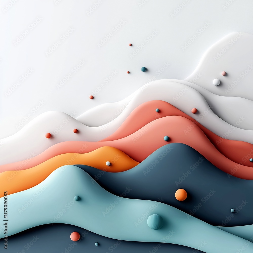 Poster undulating wave of pastel dots and lines flowing gracefully across pastel hued mountainous terrain i