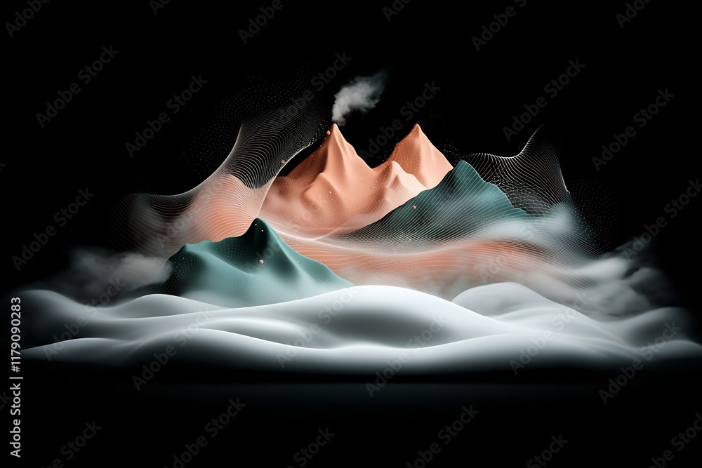 Poster surreal and captivating digital depicting a mountainous landscape enveloped in a mesmerizing wave li