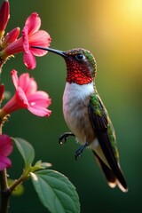 Fototapeta premium Hummingbird's throat patch glowing in sunlight, nature photography, hummingbirds, flowers