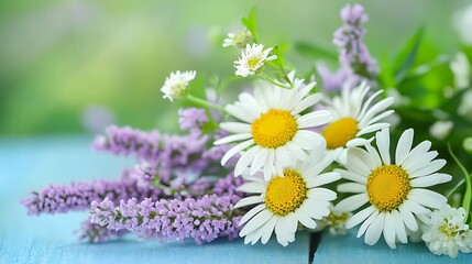 Obraz premium Daisies and lavender blossoms rest on a blue surface