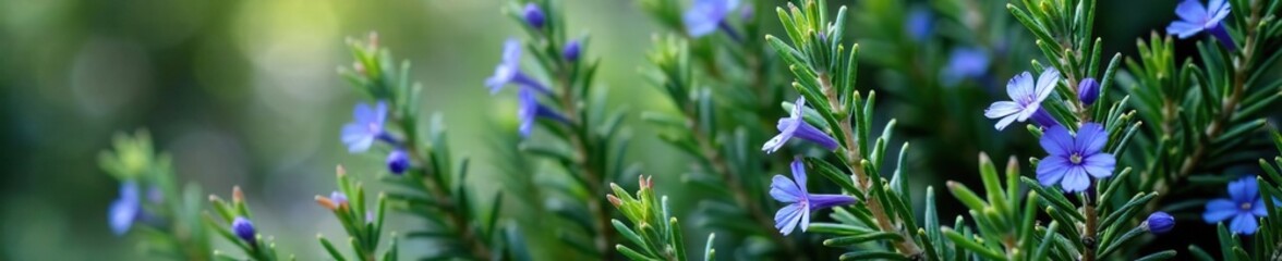Fototapeta premium Rosemary is an evergreen shrub with needle-like leaves and blue-violet flowers , evergreen, plant