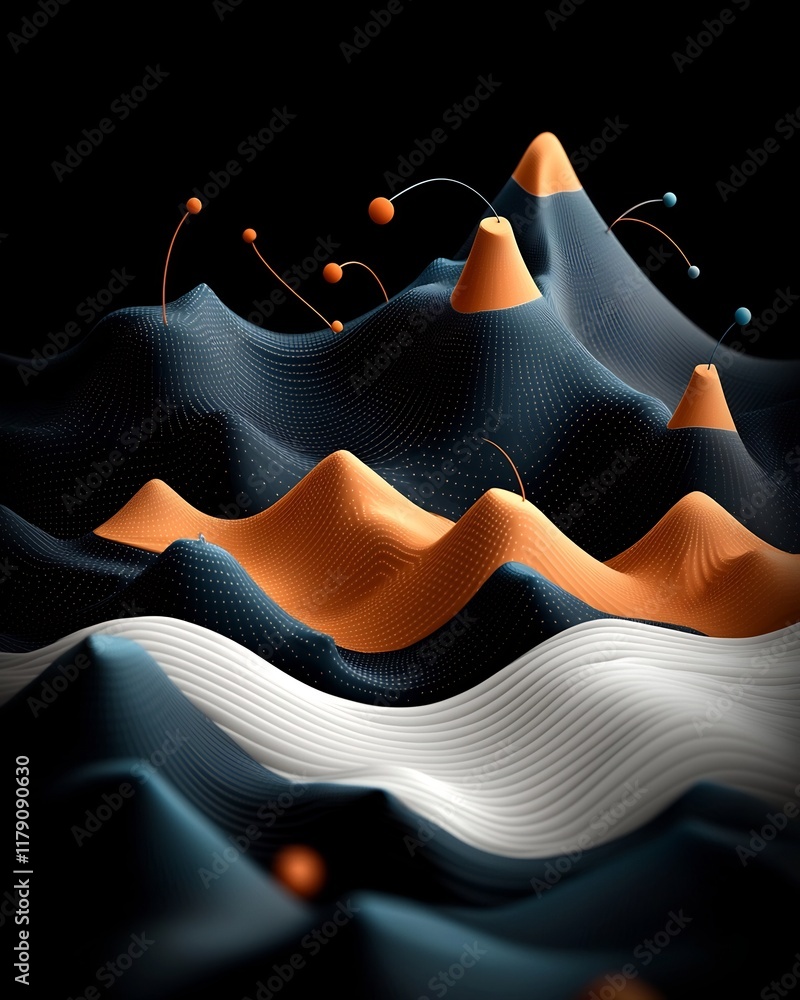 Poster serene abstract dark background featuring pastel colored dots and dynamic lines generating a wave li