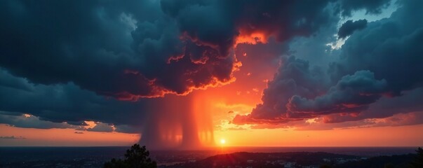 Stormy sky with dark clouds approaching a sunrise, ominous, dawn