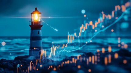Lighthouse guiding financial growth, depicted with a rising graph and ocean waves at night.