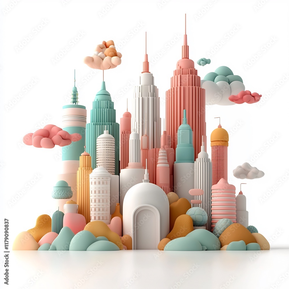 Poster imaginary cityscape featuring towering pastel colored skyscrapers dynamic geometric patterns and a c