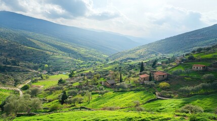 Obraz premium Picturesque mountain valley village landscape with green hills, olive trees, and stone houses under a cloudy sky.