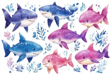 A colorful illustration of various cartoon sharks surrounded by aquatic plants.
