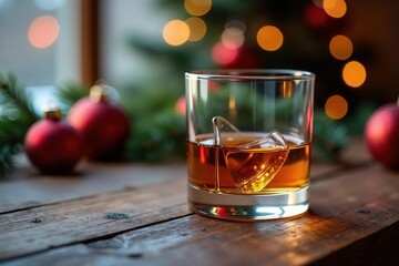 Glass whiskey glass on a festive holiday table, winter, christmas