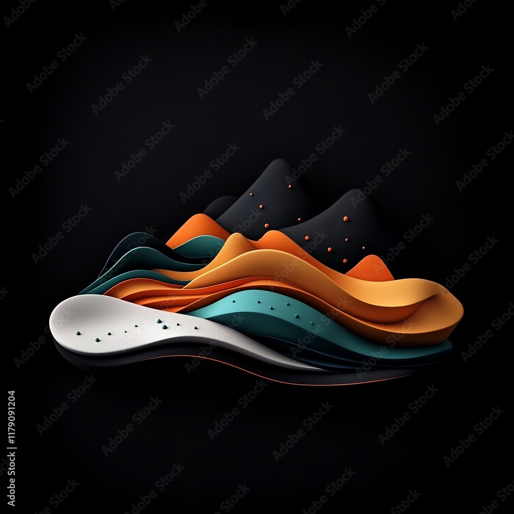 Poster dreamlike abstract dark black canvas with pastel colored dots and sweeping lines forming a wave patt
