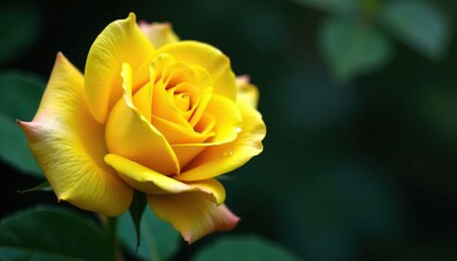 Water droplets on the curved surface of a yellow rose petal, highlighting its delicate shape, water droplet, detail