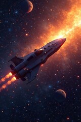 Spaceship glows orange as it soars through cosmic expanse, interstellar, galaxies, spaceship