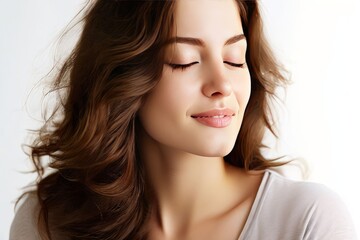 a tranquil close up of a woman with shoulder length wavy brown h