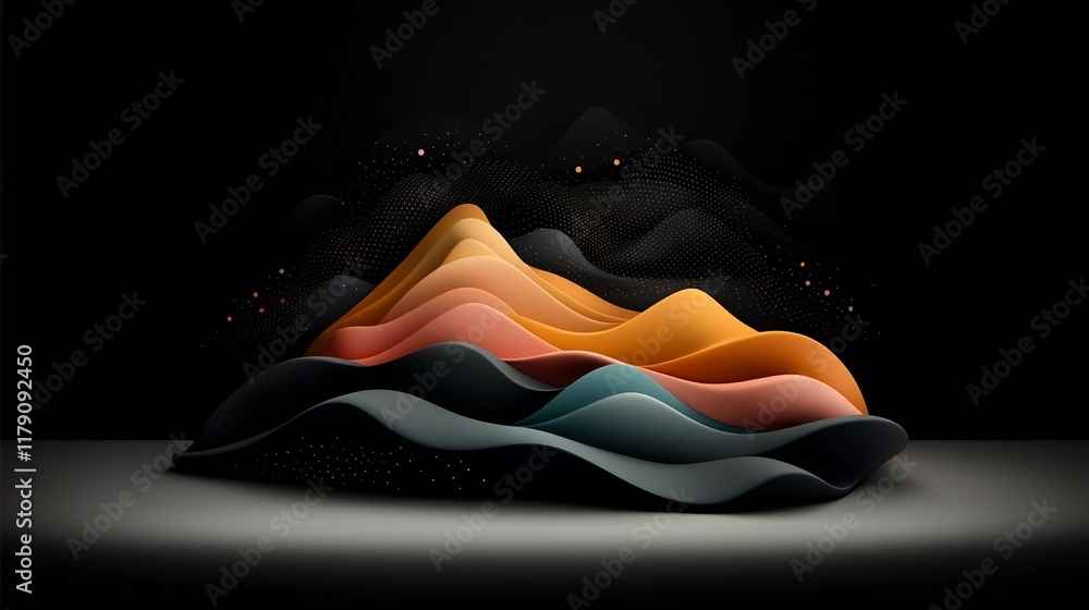 Poster mesmerizing abstract digital landscape with pastel colored wave like patterns and dotted lines formi