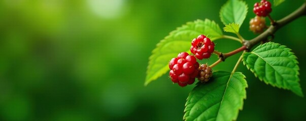 Wild raspberry foliage and berries growing on a deciduous tree branch, nature, shrubs
