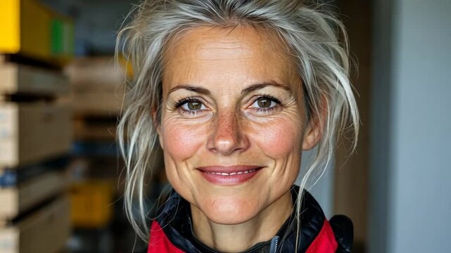 Woman with blonde hair and a red jacket is smiling. She has a pleasant expression on her face