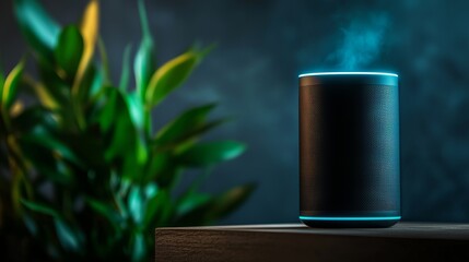 A sleek smart speaker emits a soft glow against a dark background, surrounded by lush green foliage, creating a modern, tech-savvy ambiance.