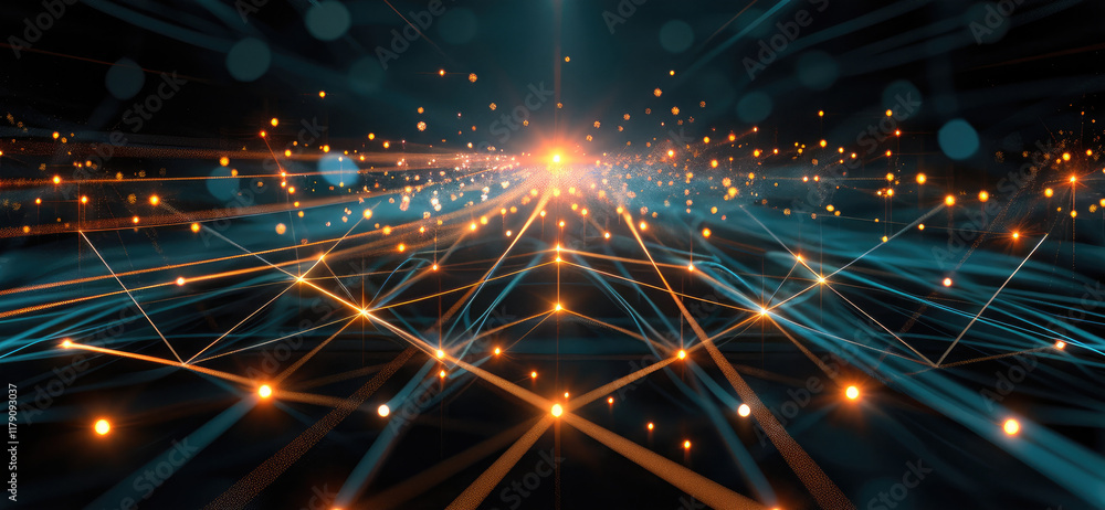 Poster An abstract representation of a digital space or network. It features a multitude of glowing lines, forming a complex lattice structure that extends. The lines appear as if they are glowing neon.