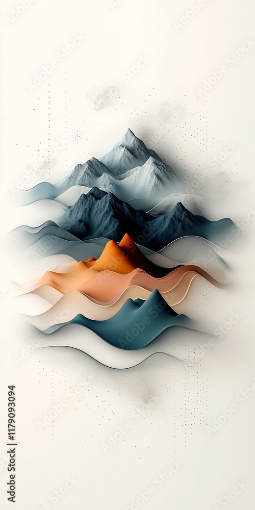 Poster captivating pastel mountains with a wave like overlay of dotted and linear elements create a breatht