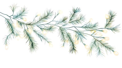 Watercolor painting of a pine branch with fairy lights.