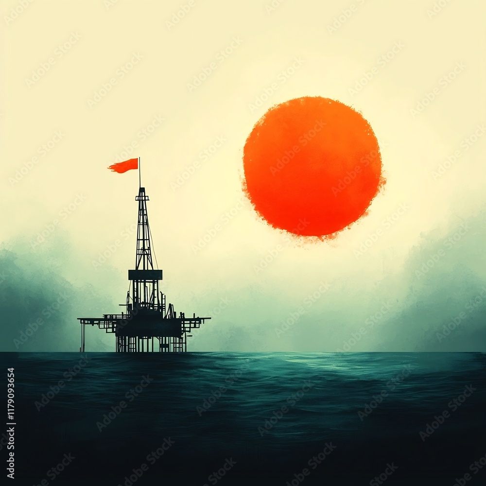 Poster moody silhouette of an offshore oil extraction platform set against a sweeping dramatic sky at dusk 