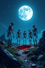 Fototapeta premium Skeletons gathered around an open grave on a moonlit night, open graves, nightscape, jagged rocks