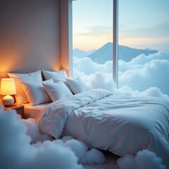 Softly glowing clouds envelop a serene bed in white mist, serene, mist