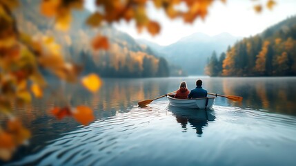 Couple in a Rowboat Enjoying the Tranquil Waters and Vibrant Autumn Foliage Surrounding a Scenic Mountain Lake