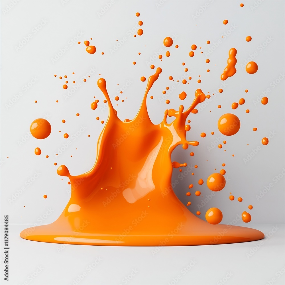 Poster striking abstract visual of a viscous orange liquid suspension frozen in dynamic motion forming orga