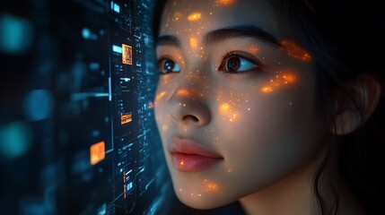 Woman's face illuminated by futuristic interface.