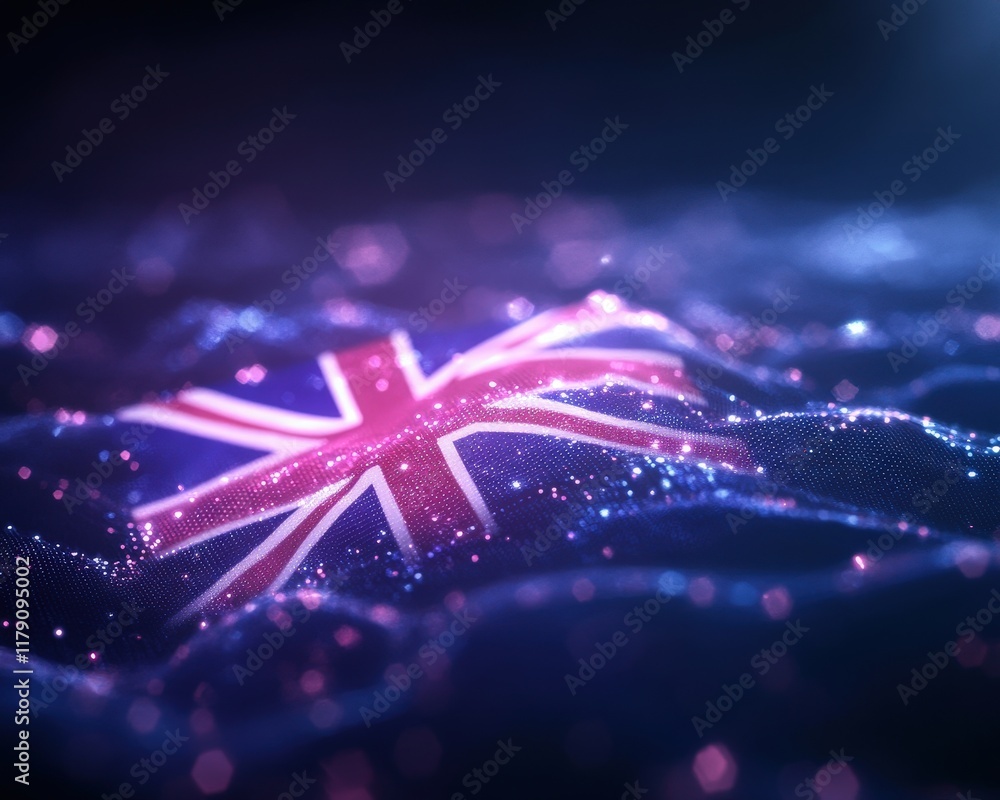 Poster a vibrant, illuminated representation of the british flag, blending with a flowing, abstract backgro
