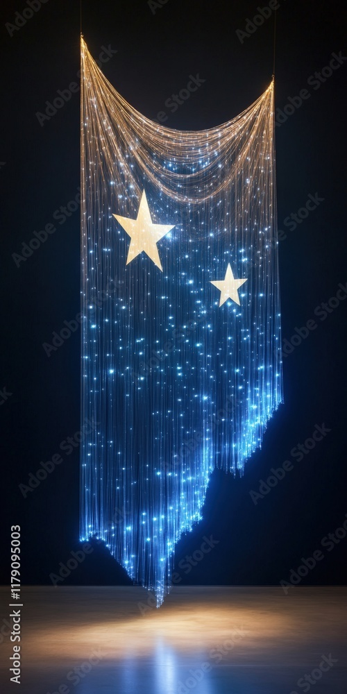 Poster a shimmering curtain adorned with stars, illuminated by soft lights, creating a magical and enchanti