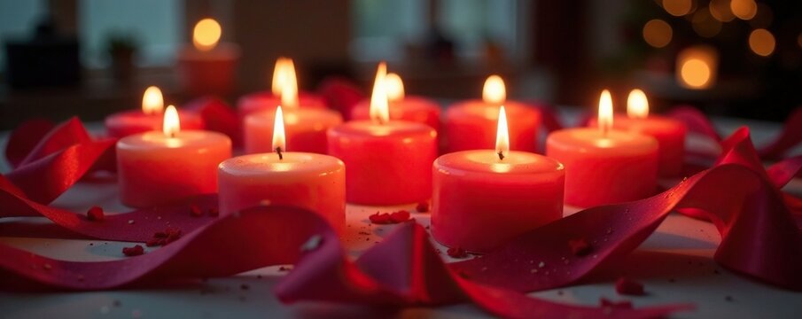 Lit red ribbon sits amidst an assortment of lit candles, centerpiece, special occasion