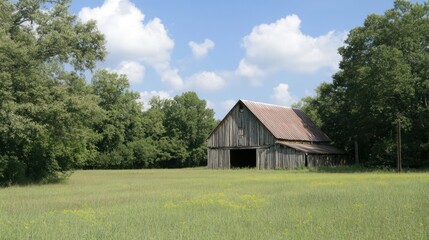 Rustic wooden barn in a green field under a blue sky.