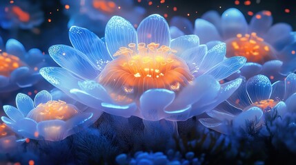 Coral reef jellyfish create a mesmerizing underwater display in shades of blue and orange, resembling ethereal flowers in a vibrant marine environment