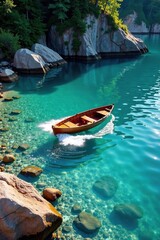 Obraz premium Waves crash against a small wooden boat in a crystal clear lake amidst rocky shoreline, waves, serenity, mirror