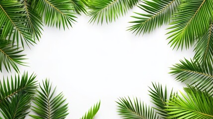 Lush green palm leaves on a bright white background, tropical paradise aesthetic