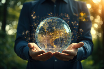 Fototapeta premium Incredible Businessman Holding Glowing Green Earth Network