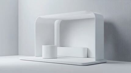 Minimalist white exhibition booth with curved design and a cylindrical counter.