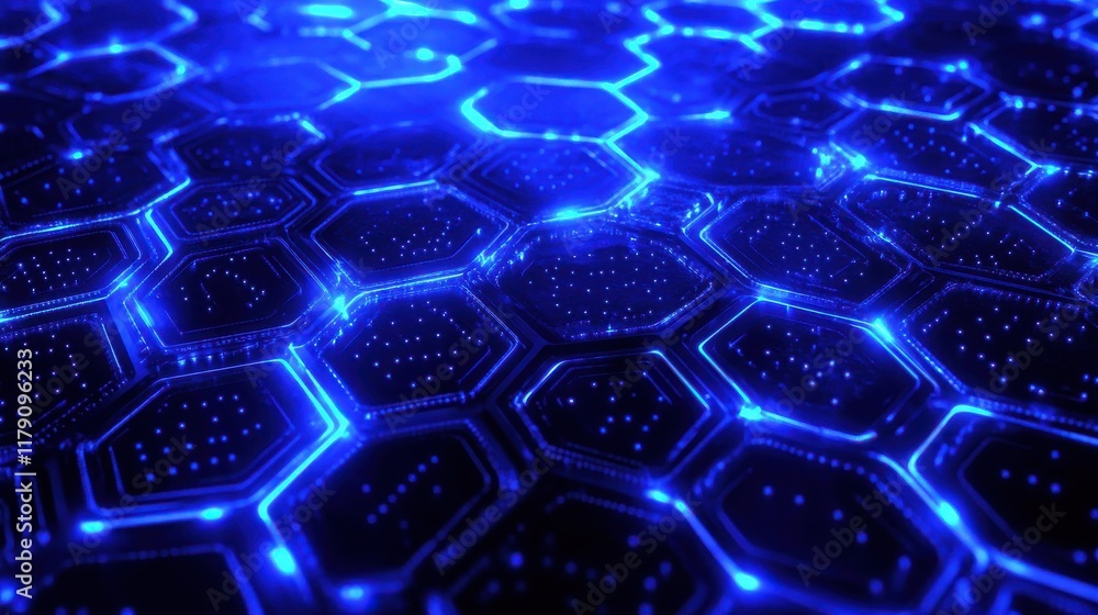 Poster blue tech background featuring circuit lines and hexagons, vector design for business, technology, o