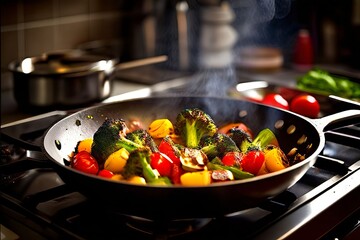 cooking up a chef sauting vegetables in a kitchen with a stoveto
