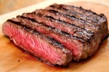Juicy grilled steak with perfect sear marks, showcasing a tender, pink interior, resting on a wooden cutting board.