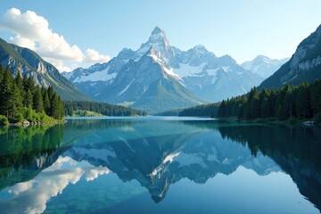 Fototapeta premium Calm lake surface reflects majestic mountain range, landscape, peaceful, wilderness