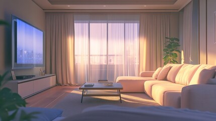 Sunrise illuminates modern living room with large sectional sofa, TV, and city view.
