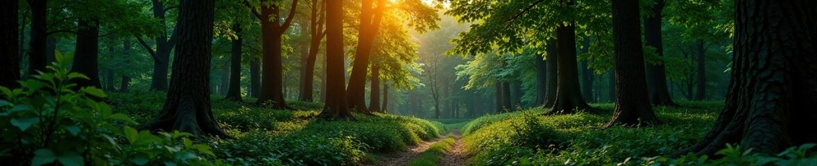 Dense foliage of Irati Forest Navarre at dusk, trees, nature