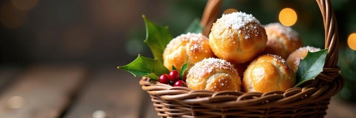 Beignets in a decorative basket with holly and berries, , beignets, festive