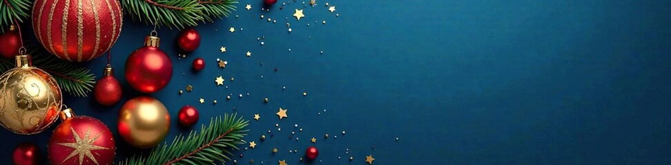 Fototapeta premium Navy blue background with golden Christmas ornaments scattered around, decorative balls, festive colors